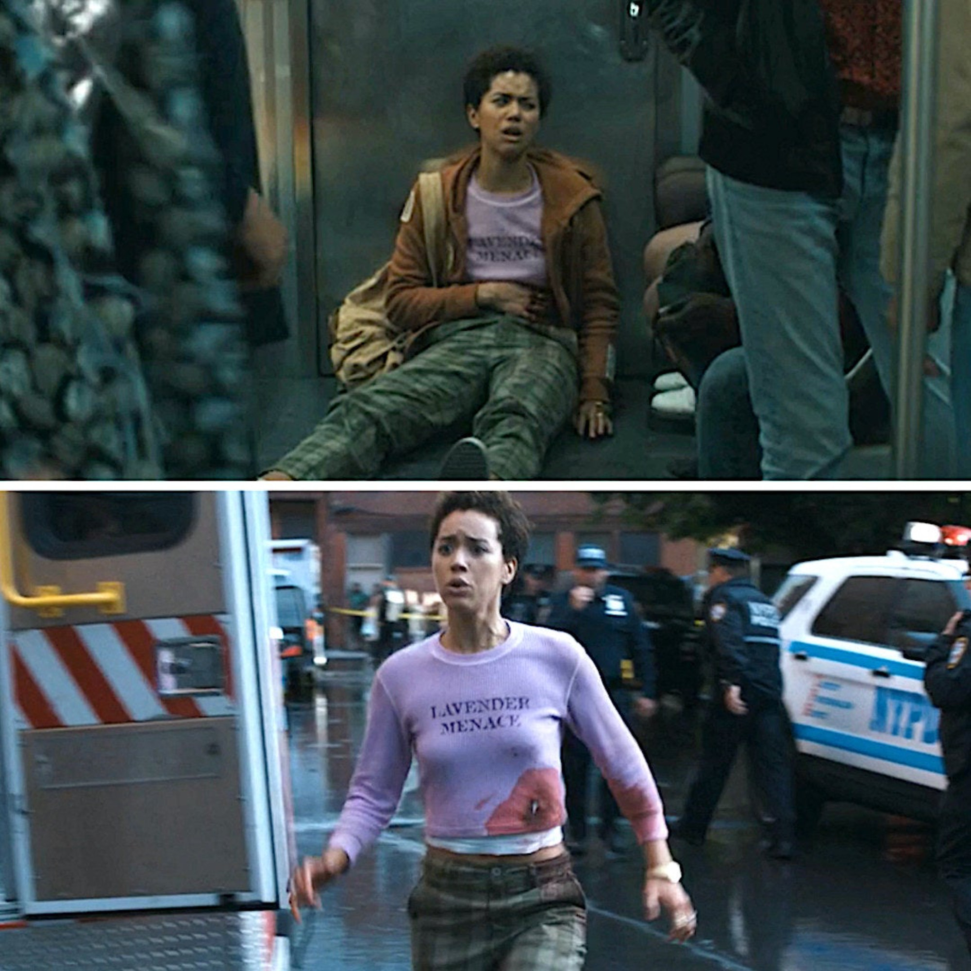 mindy slumped down after being shot and then later running like nothing