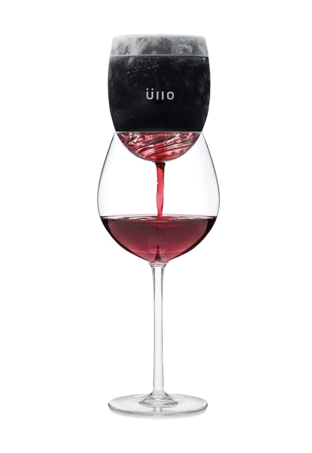 a glass of red wine being filtered by the ullo chill wine purifier