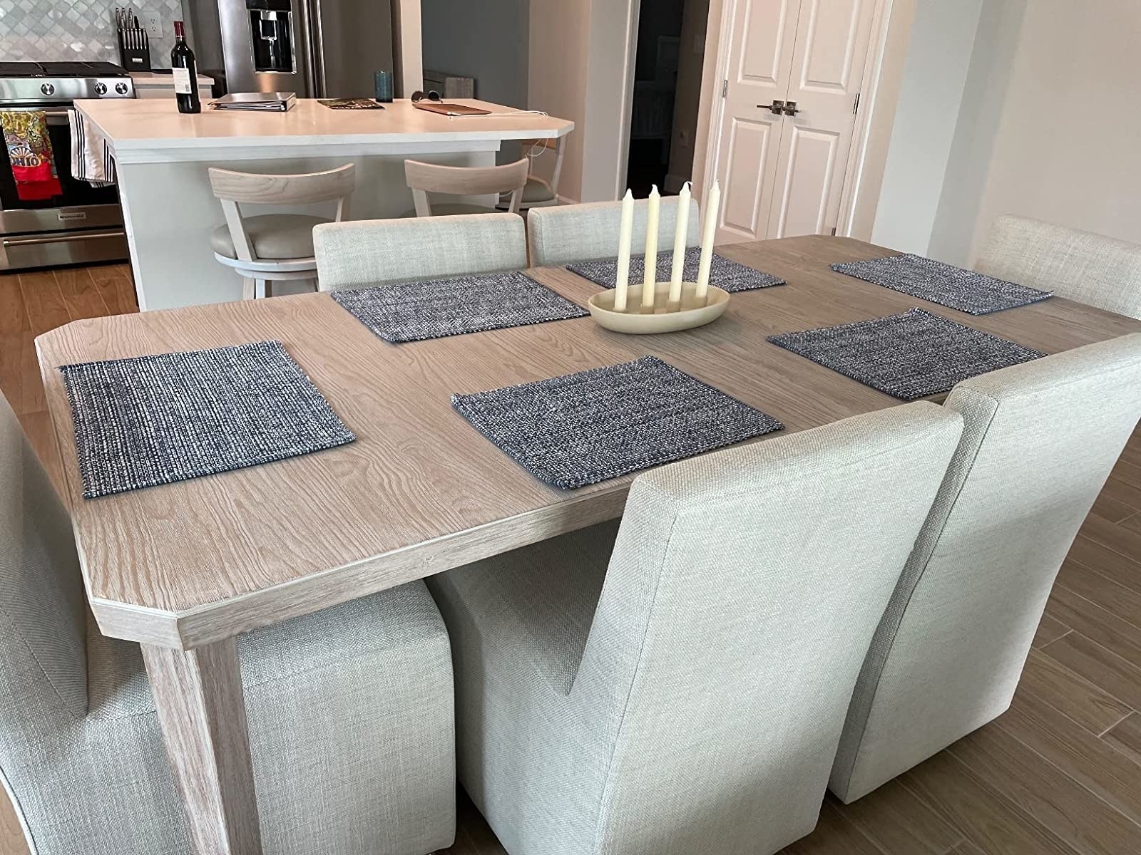 Reviewer&#x27;s photo of a table set with the placemats in the color Blue/White