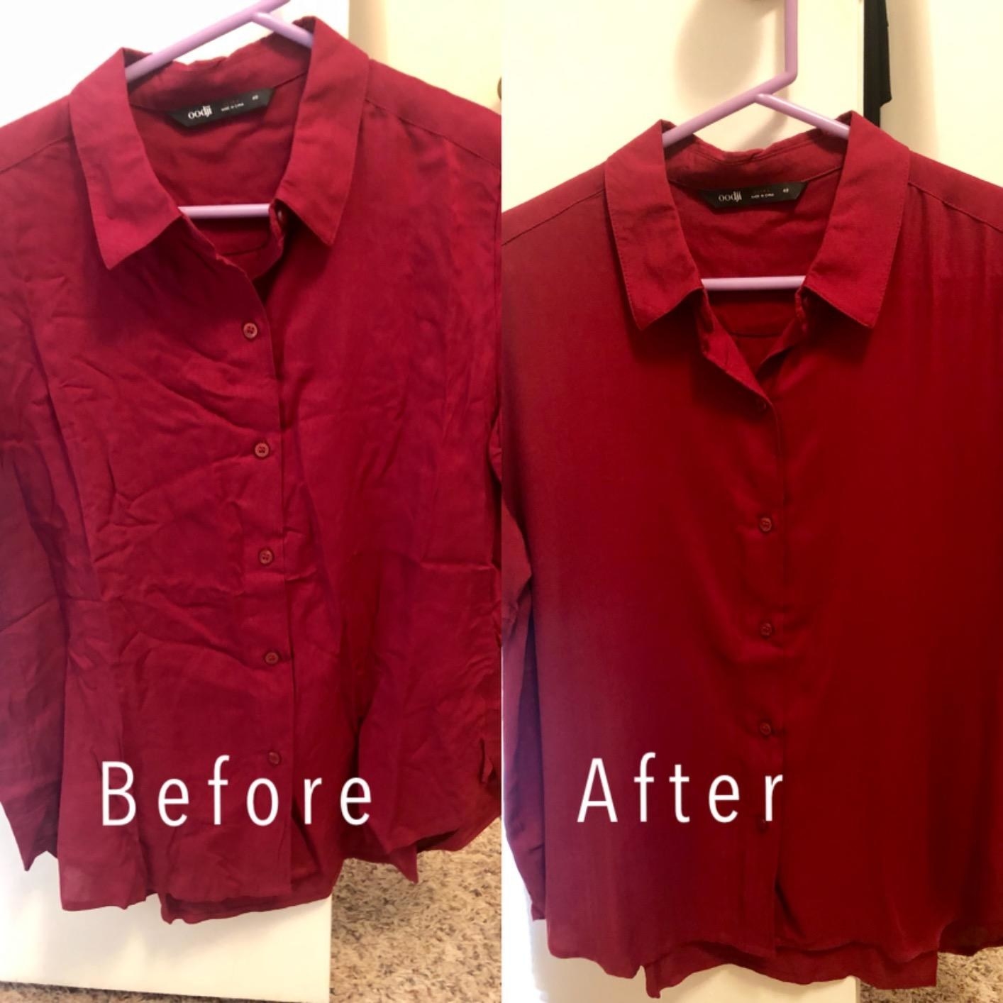 Reviewer&#x27;s photos of a red button-up shirt before and after using the steamer