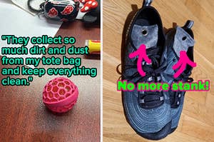 L: purse-cleaning ball with reviewer quote on image: "they collect so much dirt and dust from my tote bag and keep everything clean" R: odor-absorbing bags in a pair of shoes