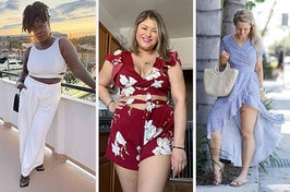 A reviewer wearing wide-legged pants/A reviewer wearing a tie-top with matching shorts/A reviewer wearing a wrap dress