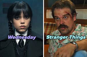 On the left, Wednesday from Wednesday, and on the right, Hopper from Stranger Things