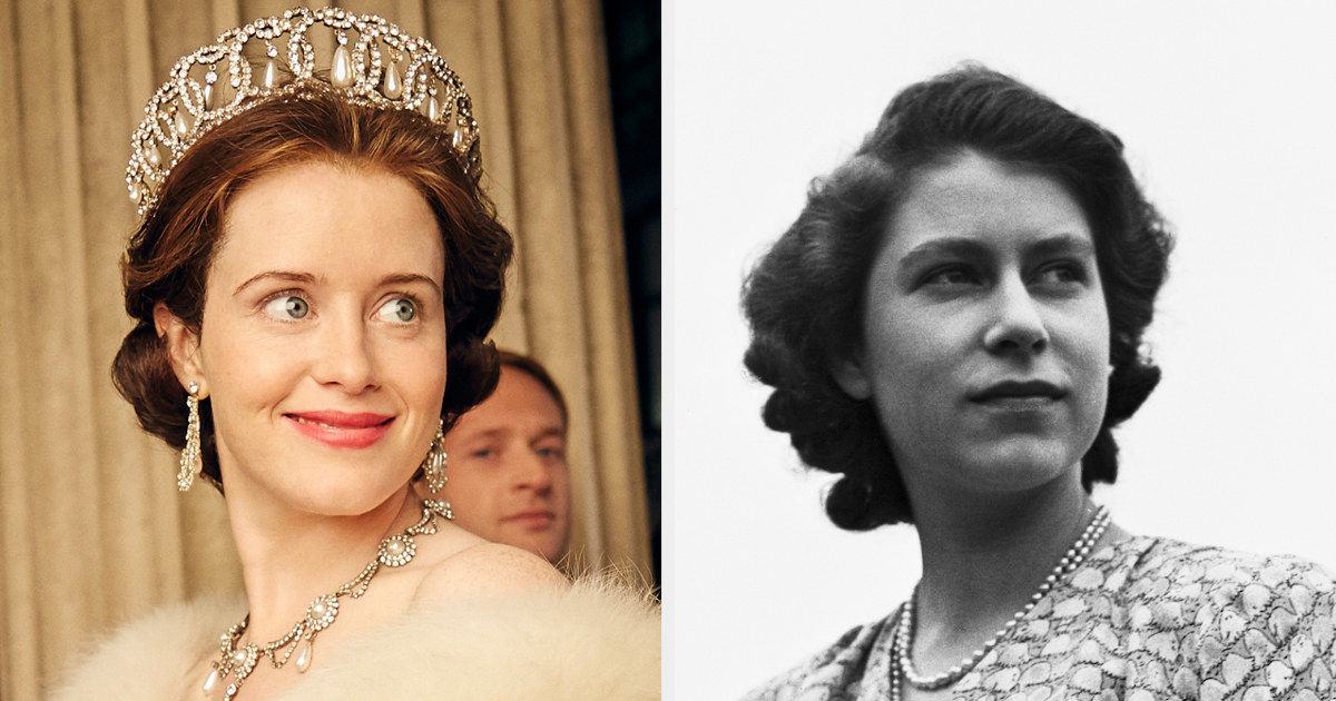 Side-by-side of Claire Foy and a young Queen Elizabeth II