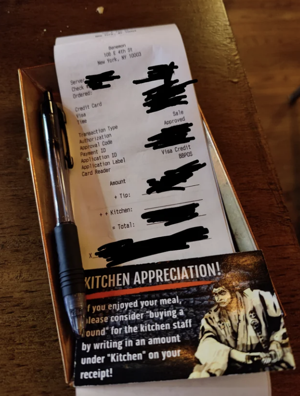 receipt showing a section for a kitchen tip