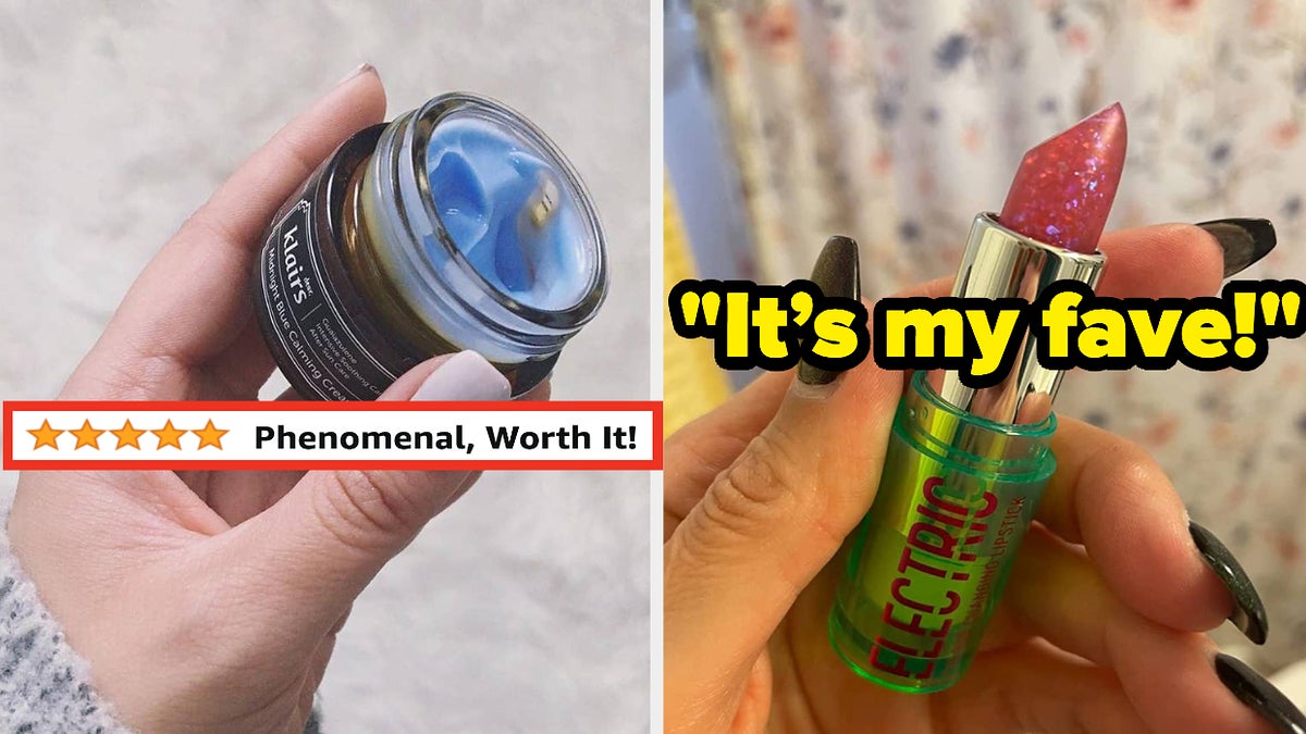 a hand holding klairs calmin cream and text that reads "phenomenal, worth it"; a hand holding up color-changing lipstick and text that reads "it’s my fave"