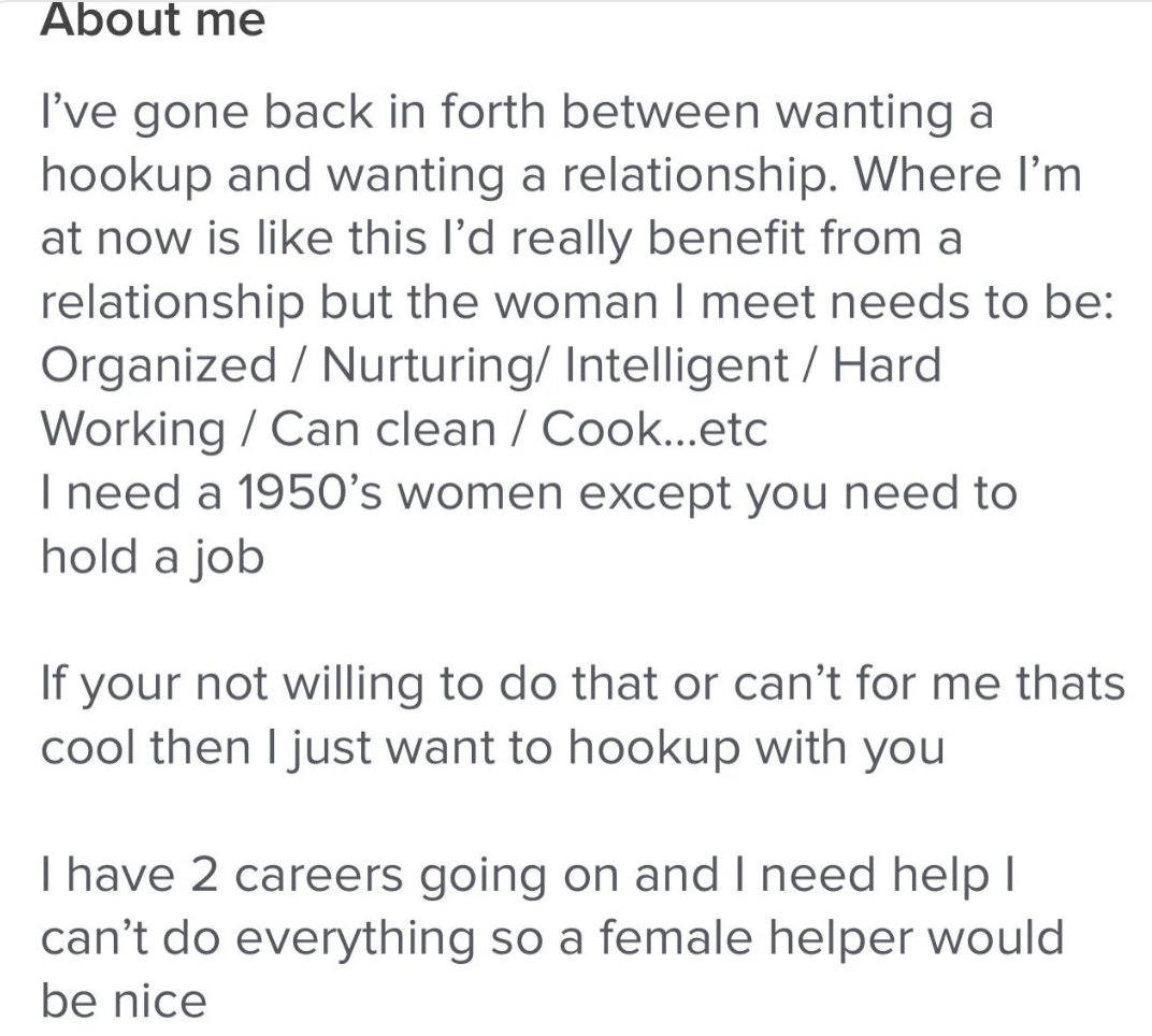 &quot;I need a 1950&#x27;s women except you need to hold a job&quot;