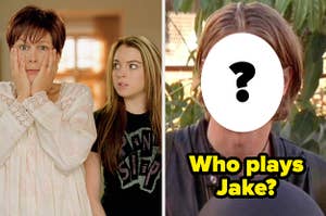 Jamie Lee Curtis and lindsay lohan in freaky friday plus jake with his face missing and a question mark on it