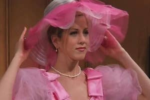 rachel from friends with a puffy tulle hat