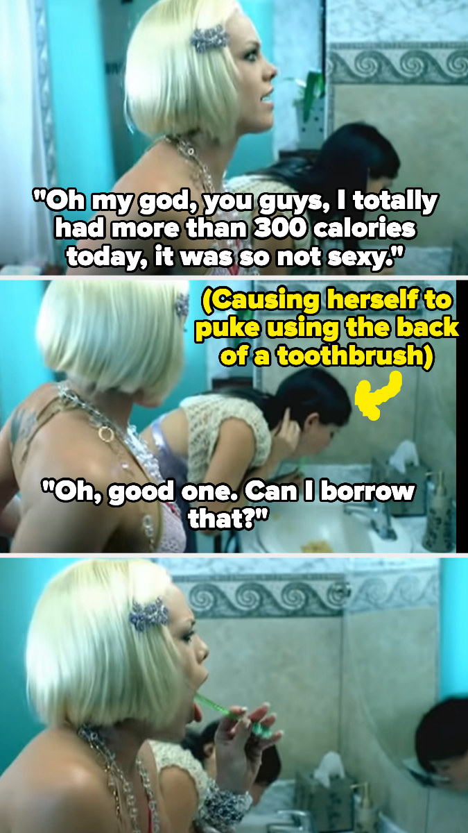 pink and another woman in the bathroom trying to puke