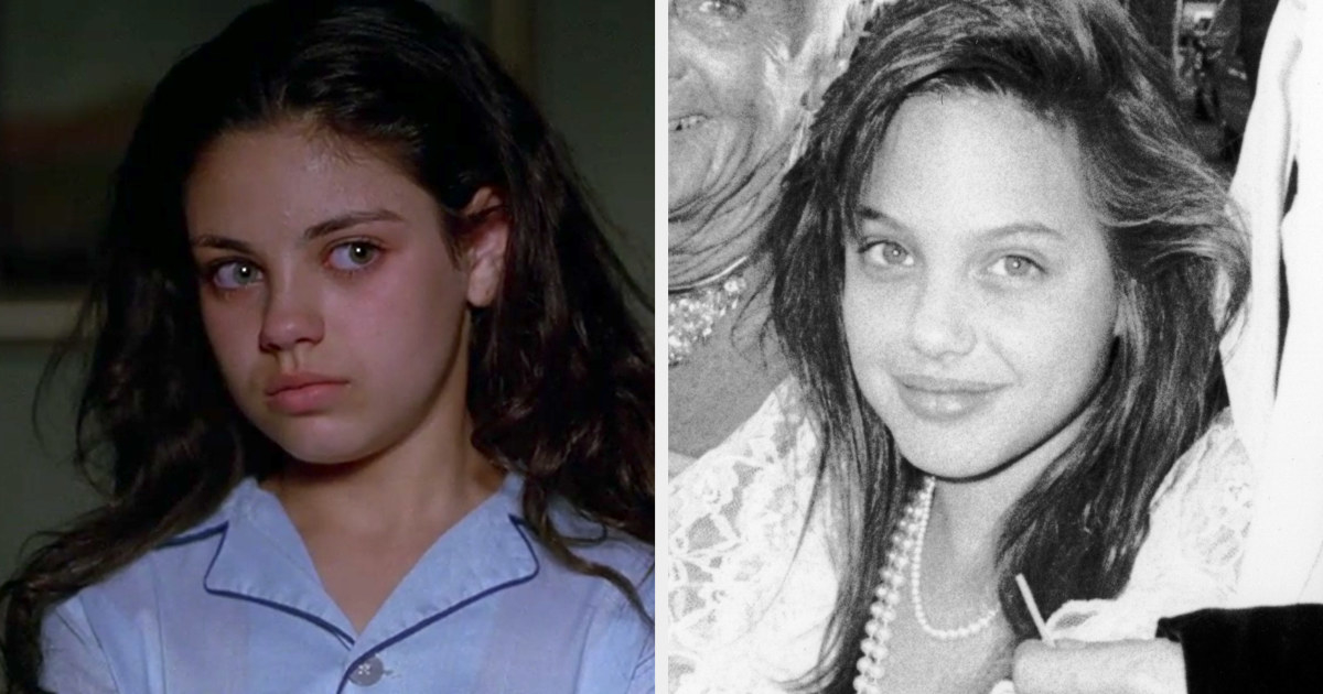 Side-by-side of Mila Kunis and a young Angelina Jolie