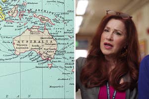 world map next to an image of a woman with furrowed brows and open mouth as if confused