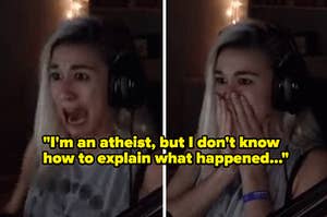 A streamer reacting to a horror movie or game with text that says "I'm an atheist but I don't know how to explain what happened"