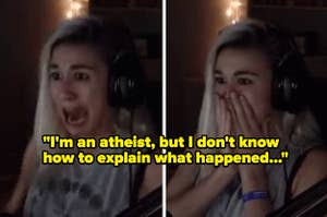 A streamer reacting to a horror movie or game with text that says "I'm an atheist but I don't know how to explain what happened"