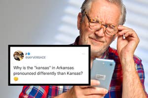 A man looks at his phone. A tweet asks why "Kansas" differs from "Arkansas"