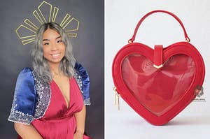 Model wearing Reyna headband; Red heart shaped ita bag