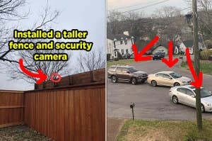 A security camera on a fence, and several cars parked weirdly