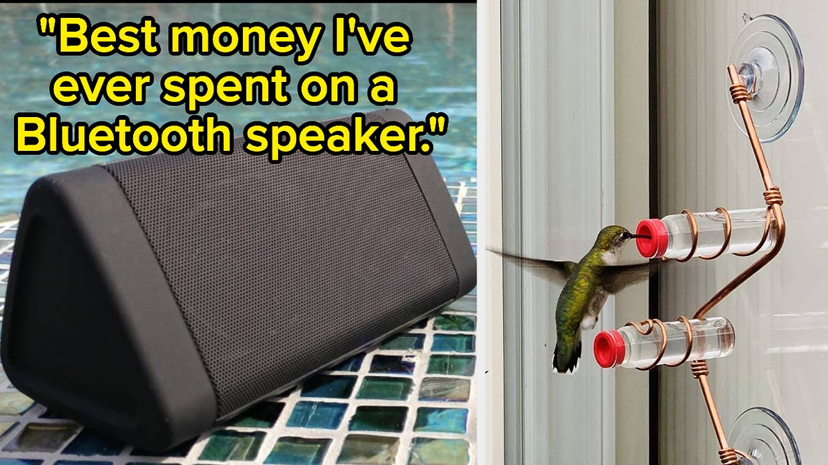L: a reviewer photo of a bluetooth speaker, R: a bird hummingbird feeding at a window-mounted feeder