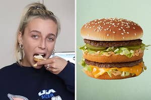 On the left, Emma Chamberlain eating cheese, and on the right, a Big Mac from McDonald's
