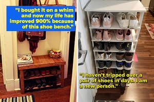 left: reviewer of shoe bench in hallway. right: reviewer photo of shoe tower by entryway.