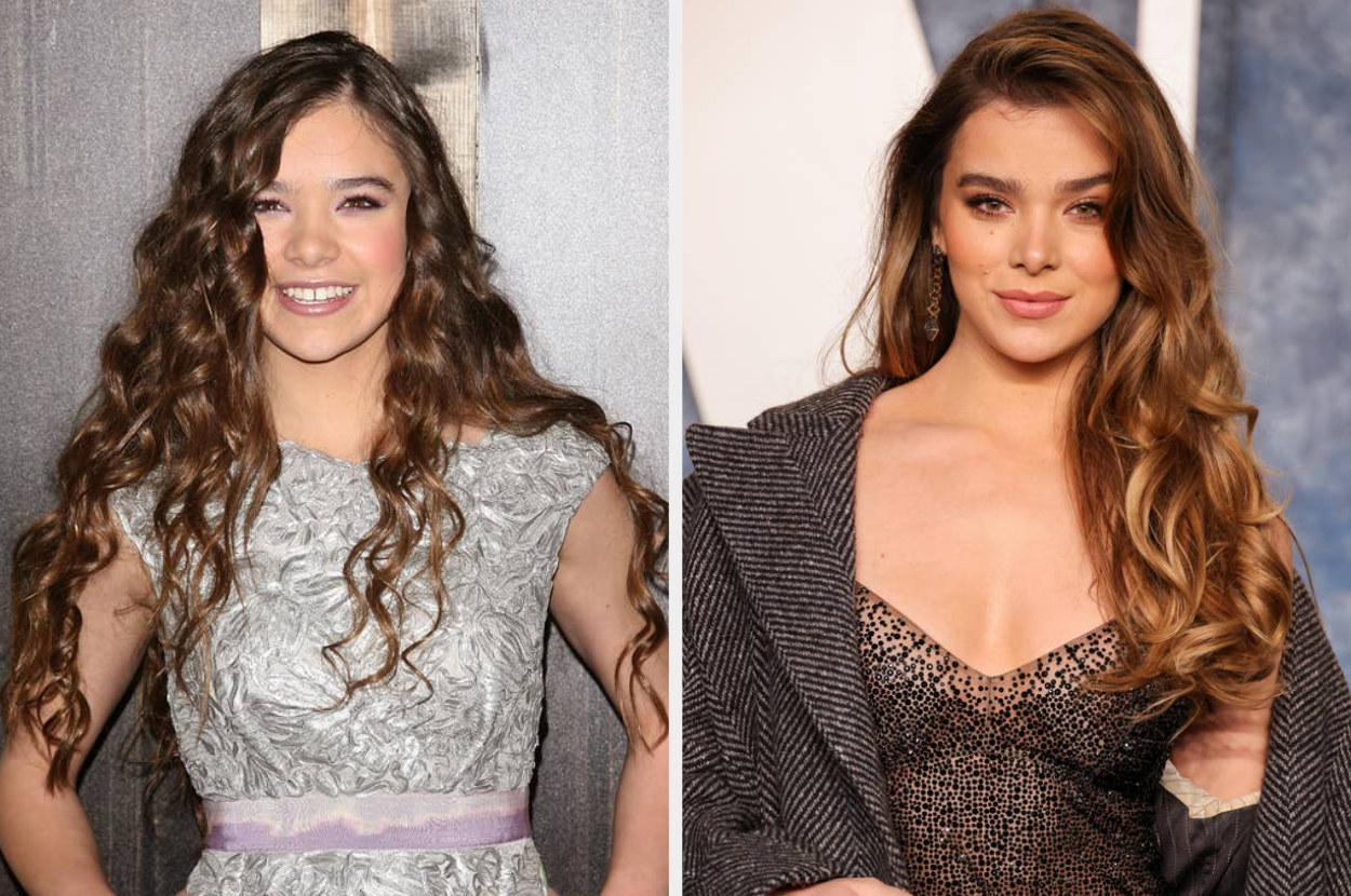 Hailee Steinfeld poses at the &quot;True Grit&quot; premiere on December 14, 2010, Hailee Steinfeld arrives at the 2023 Vanity Fair Oscar Party on March 12, 2023