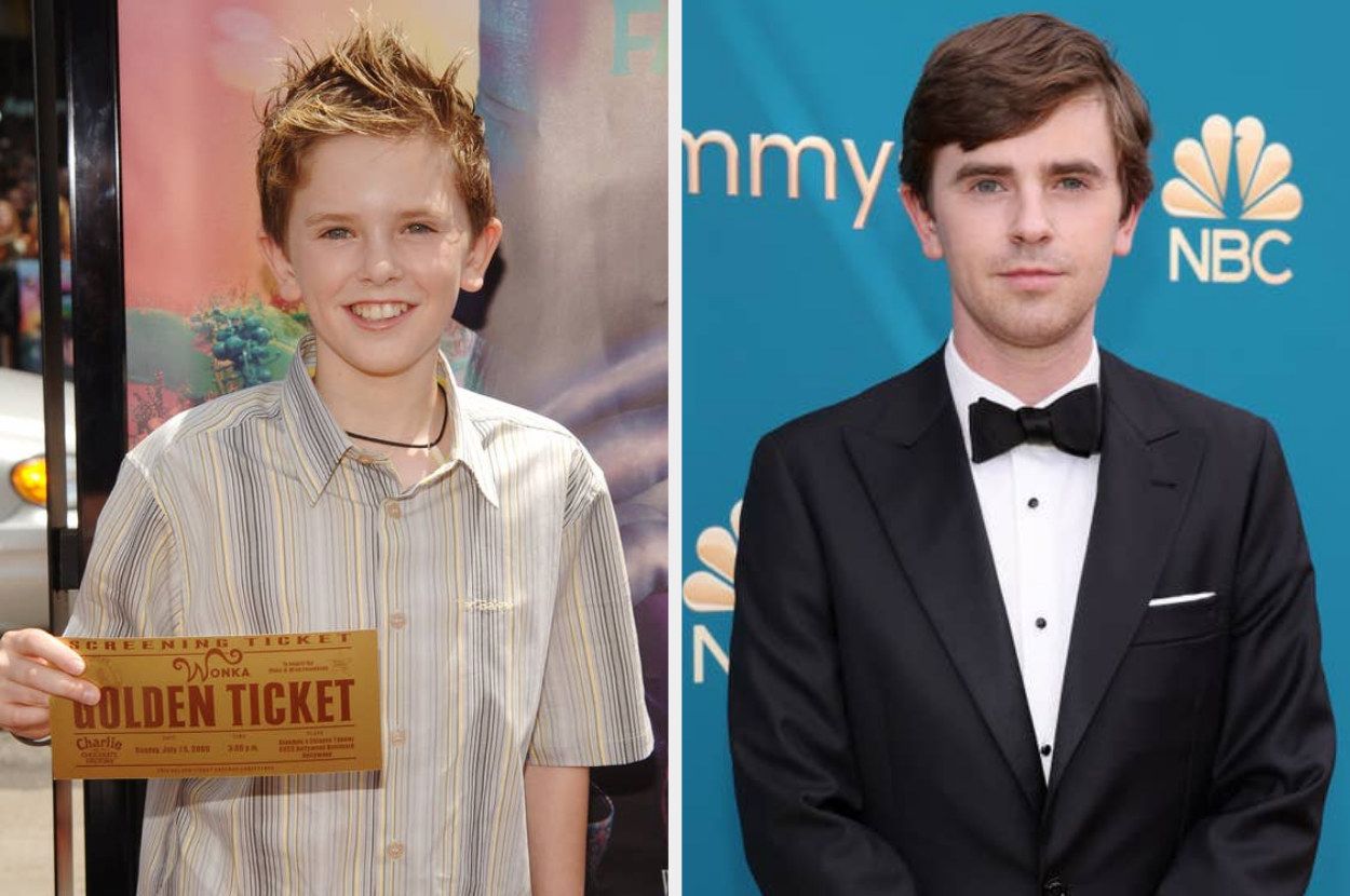 Freddie Highmore smiles at the &quot;Charlie and the Chocolate Factory&quot; premiere circa 2005, Freddie Highmore arrives at the Emmy Awards on September 12, 2022
