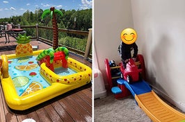 An inflatable pool/A child riding on a rollercoaster indoors