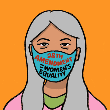 A montage of diverse women wearing a mask that says &quot;28th Amendment = Women&#x27;s Equality