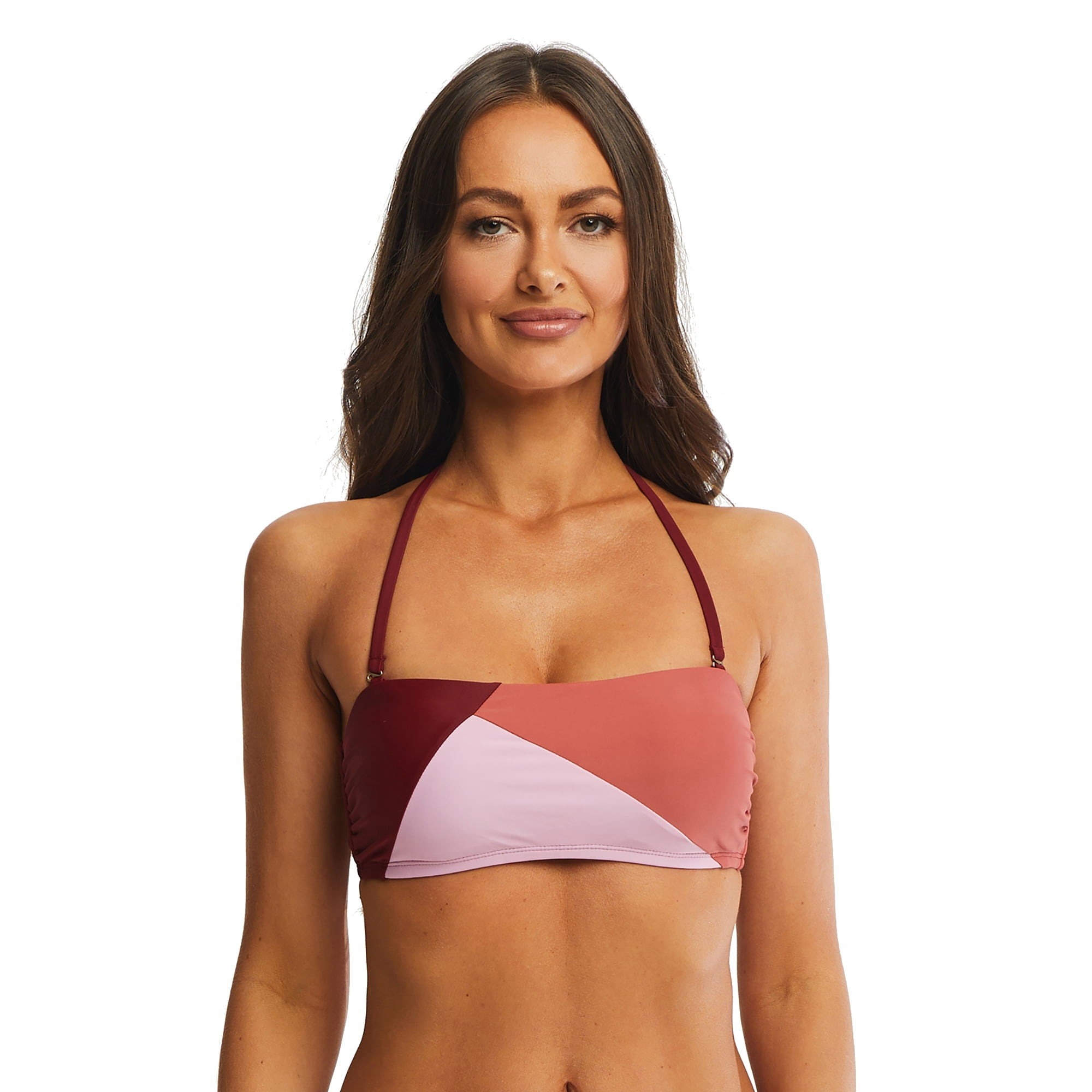 Model wearing bandeau top with three shades of pink color block design