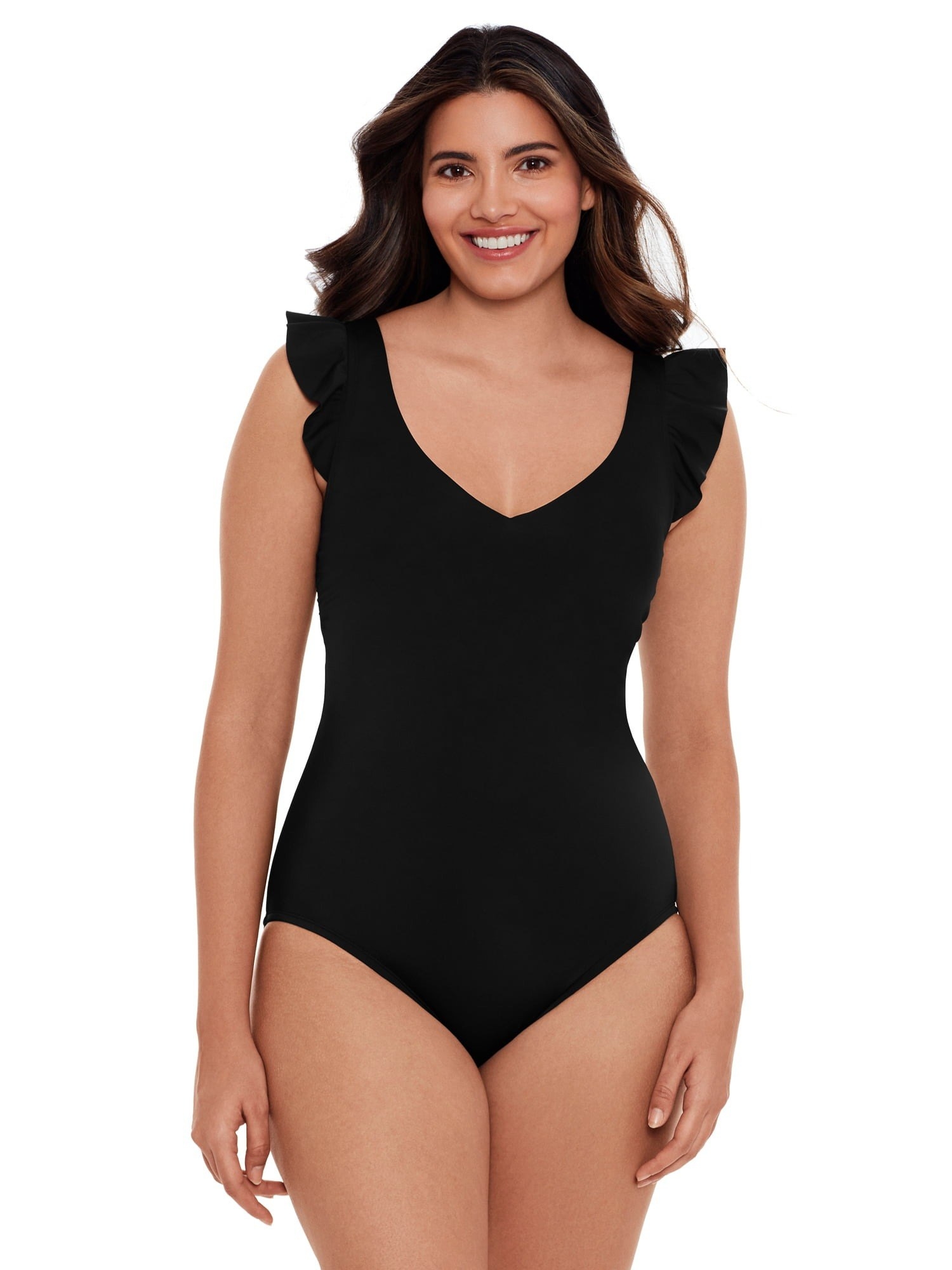Model wearing black one-piece with ruffle sleeves