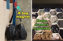 A bag hanging in a bathroom stall using a bag magnet/A drawer with a honeycomb-shaped organizer