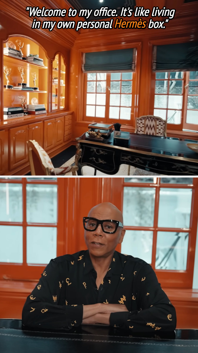 RuPaul sitting in his orange office with quote: welcome to my office. it&#x27;s like living in my own personal Hermes box.