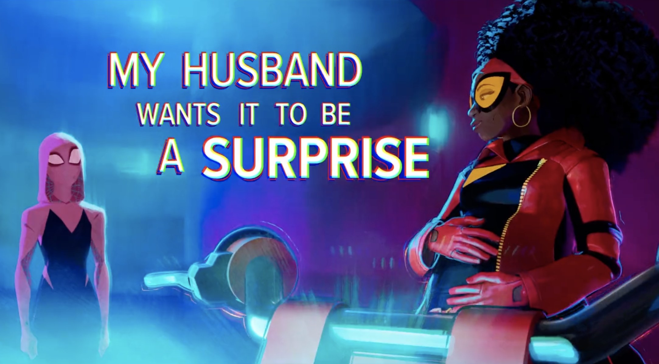 Spider-Woman holds her bump while talking to Gwen with the caption &quot;My husband wants it to be a surprise&quot;