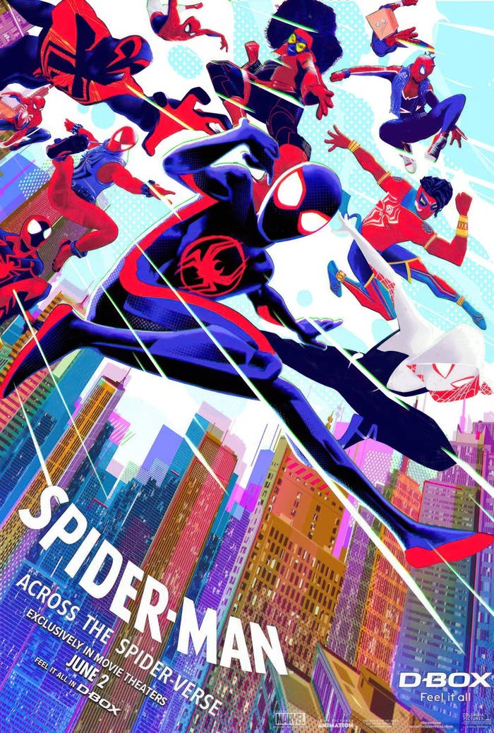 The movie poster featuring a group of Spider heroes flying through the sky in front of a city skyline