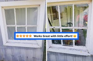 L: a reviewer photo of a foggy window, R: a reviewer photo of the same window now clean and a five-star review titled "Works great with little effort!"