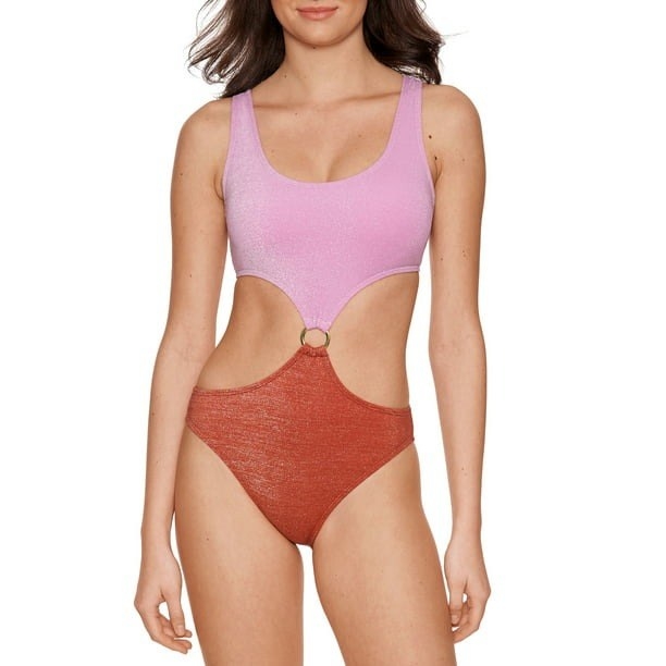 Model wearing monokini with pink top and red bottom, center ring cutout