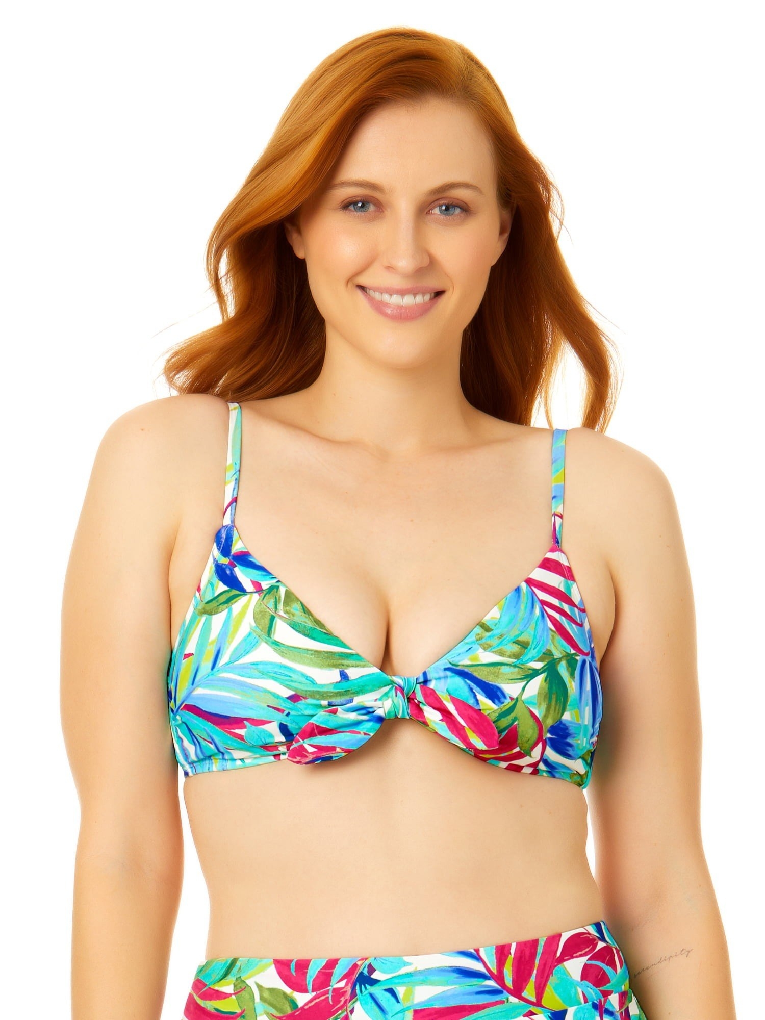 Model wearing blue tropical print front-tie bikini top