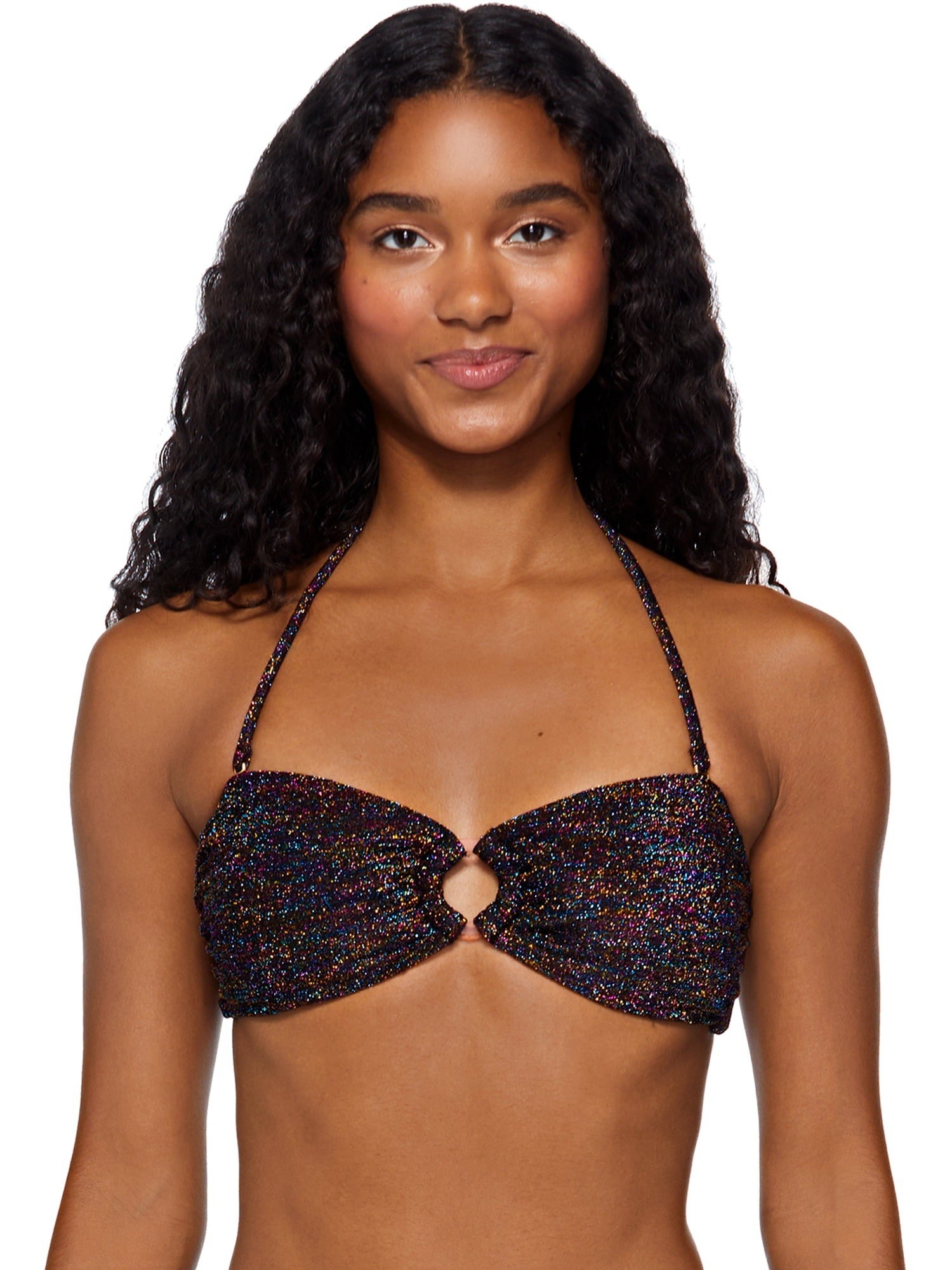 Model wearing black sparkly bandeau top