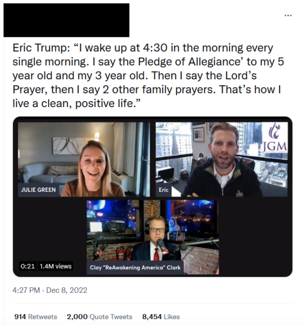 eric trump saying he wakes up his kids to do the pledge and pray