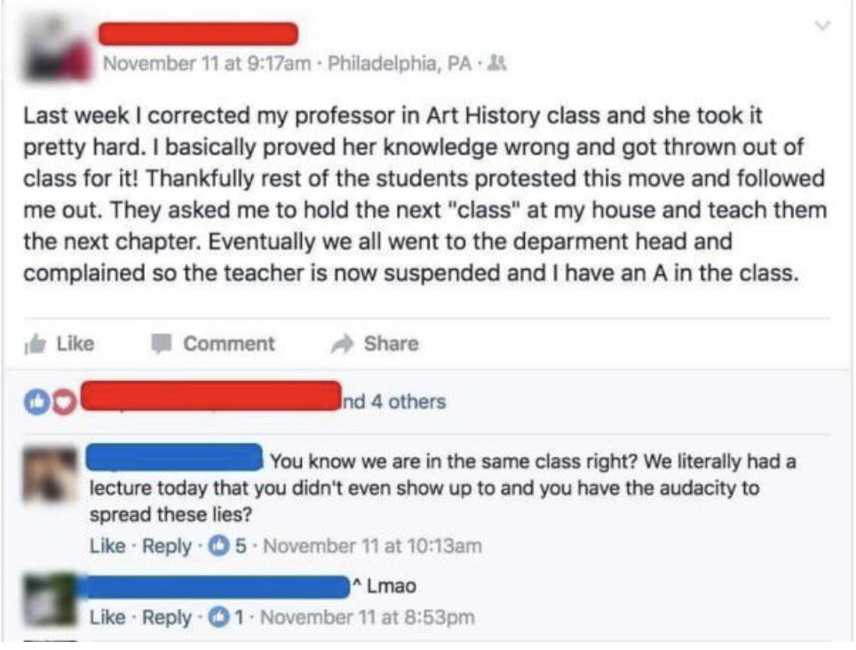someone commenting to call out the lie a person posted about saying that they have the same class and none what the person said actually happened