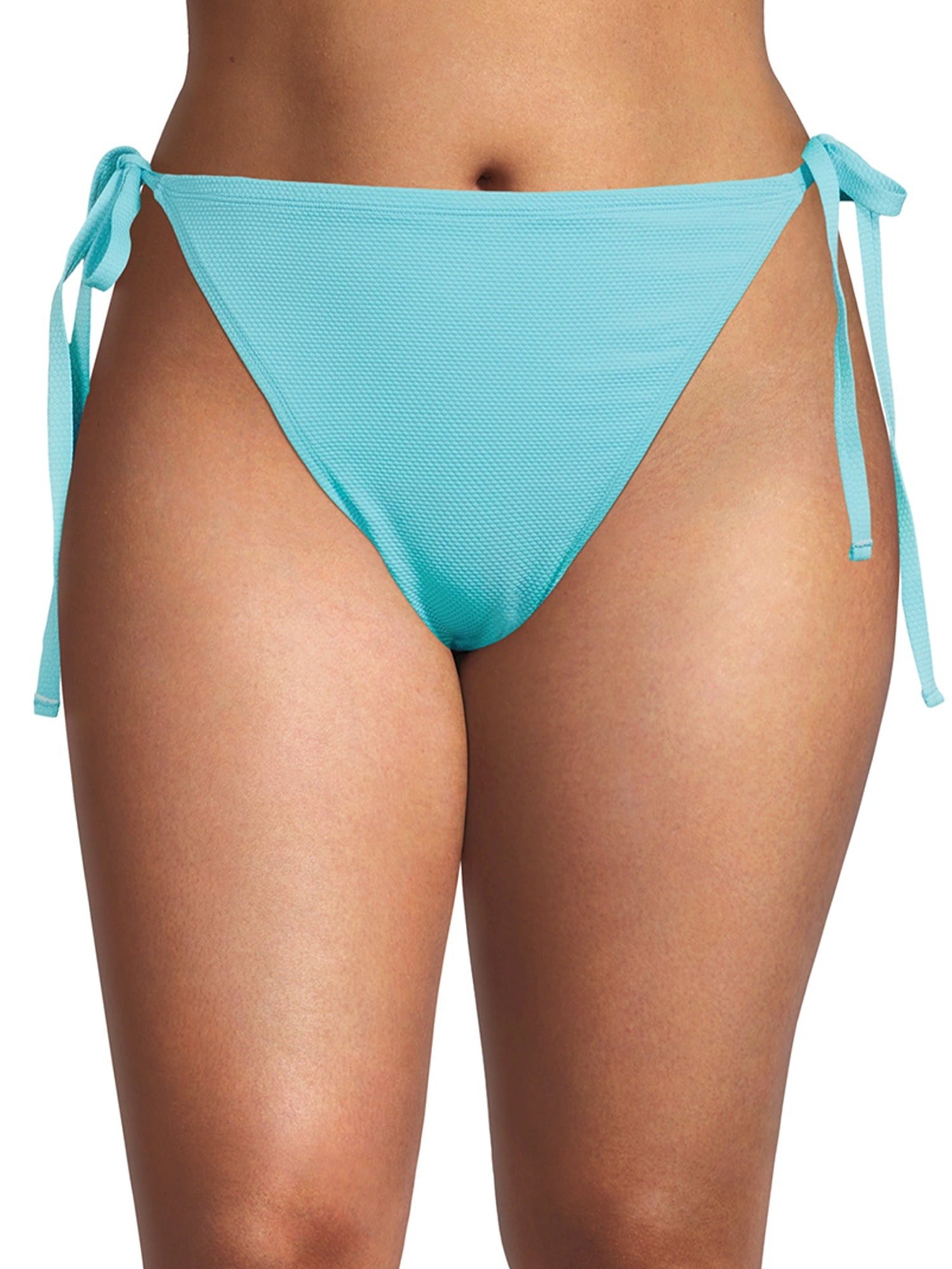 Model wearing light blue string bikini bottoms