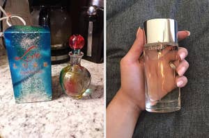 on left: colorful bottle of Live By Jennifer Lopez perfume. on right: reviewer holding Clinique Happy perfume bottle