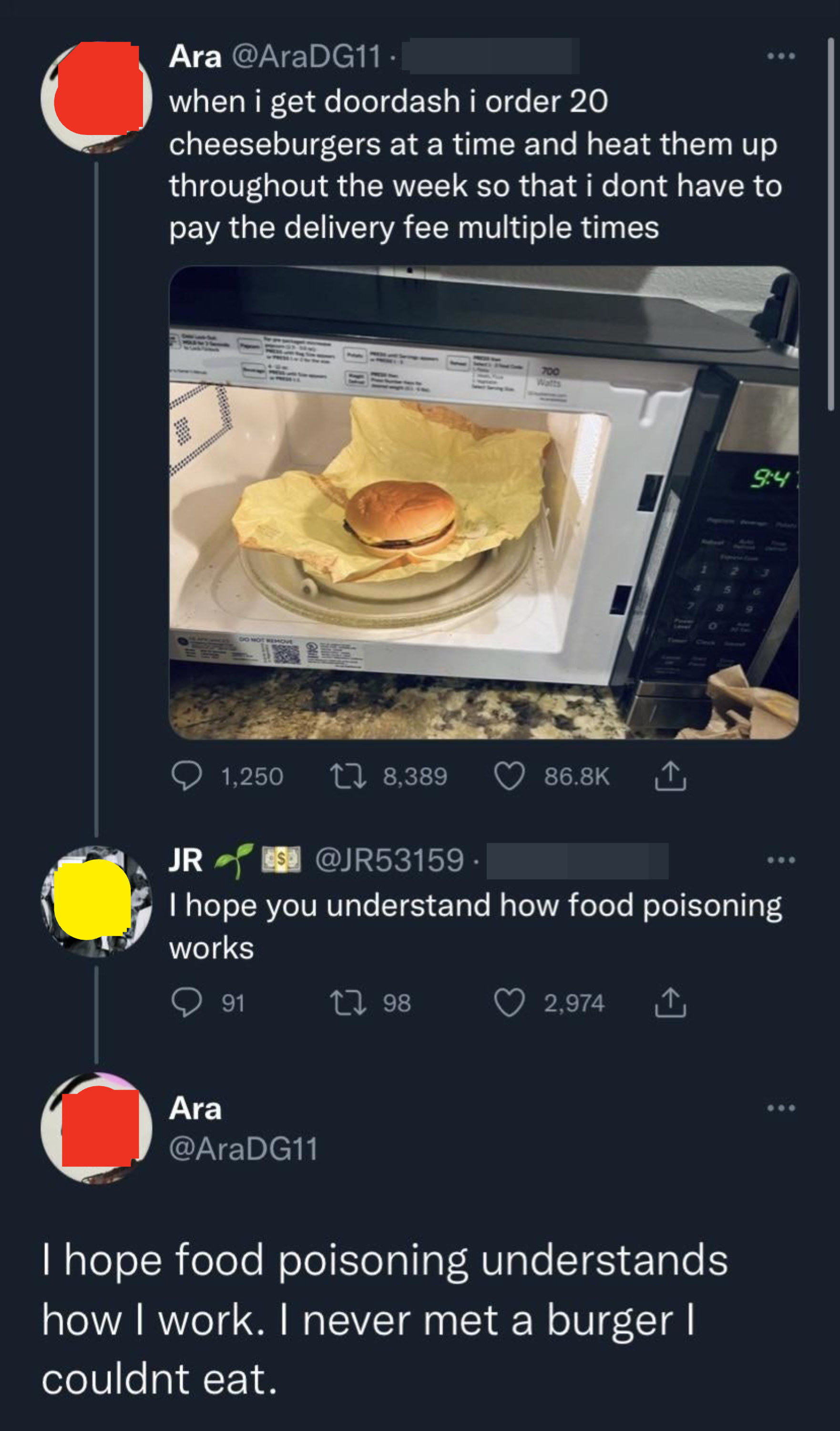 Person says they order 20 burgers at a time from DoorDash to save on delivery costs, and person asks if they understand how food poisoning works