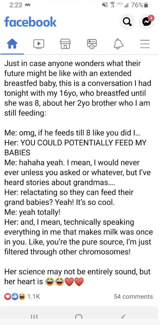 fake mom and daughter convo about breastfeeding