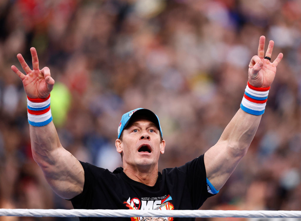 Closeup of John Cena in the wring during a wrestling match