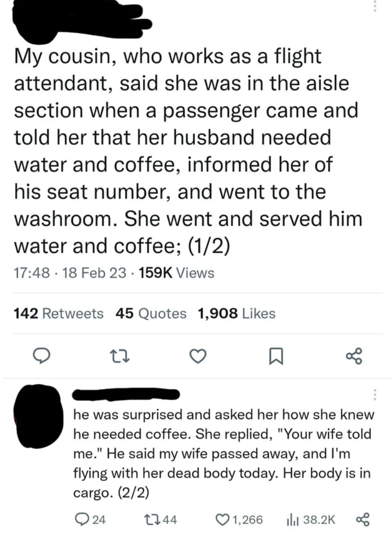 person saying that a ghost was on a flight letting the flight attendant know that her husband needed water and coffee