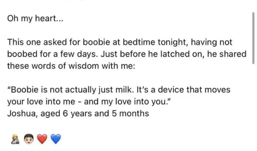 mom said that her 6 year old asked to be breast fed and then said, boobie is not actually just milk, it&#x27;s a device that moves your love into me and my love into you