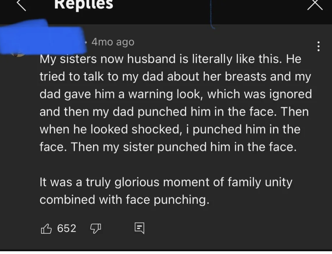 person saying that her brother in law was punched in the face by the entire family