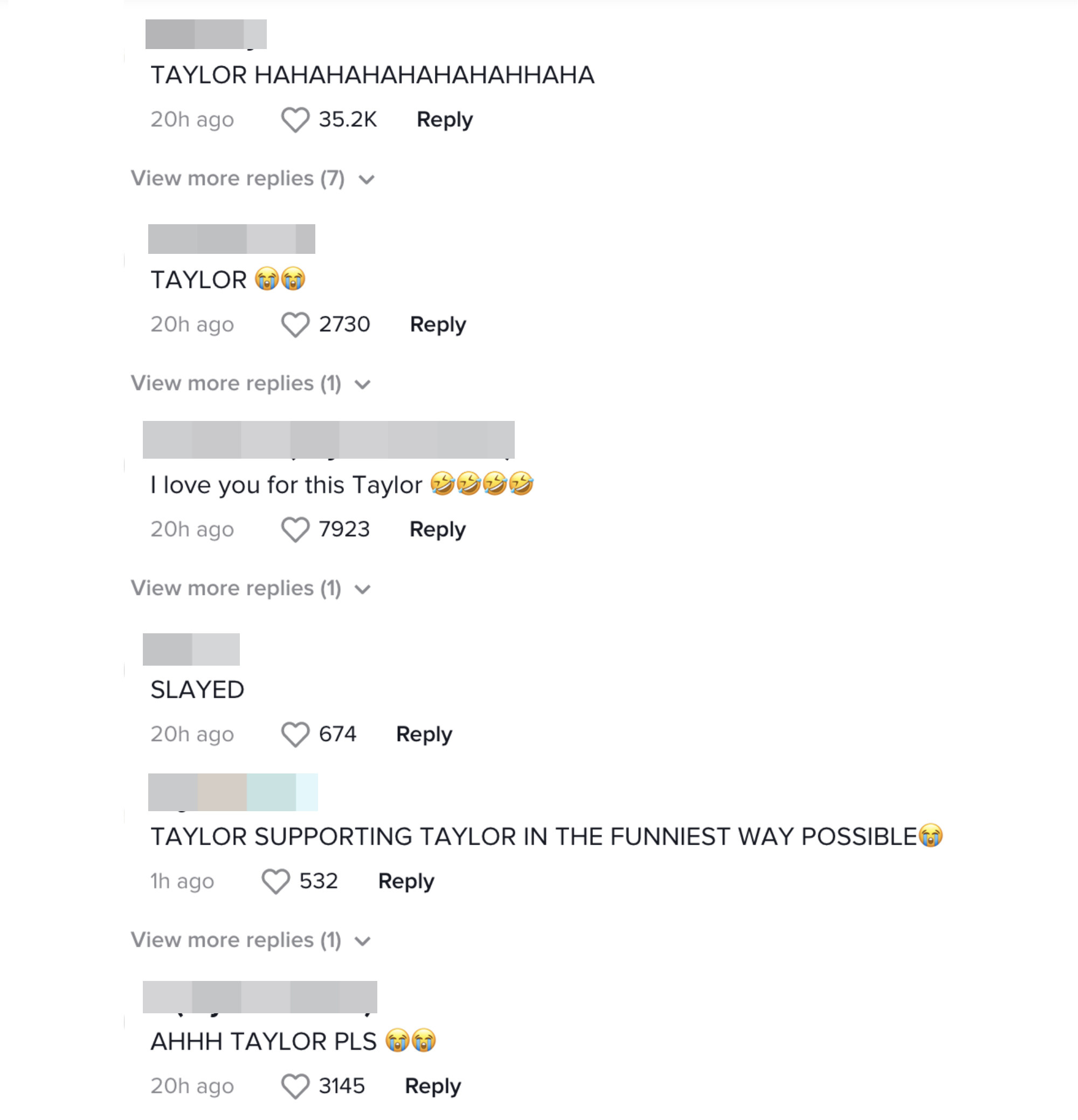 TikTok comments, including "I love you for this Taylor" and "SLAYED"