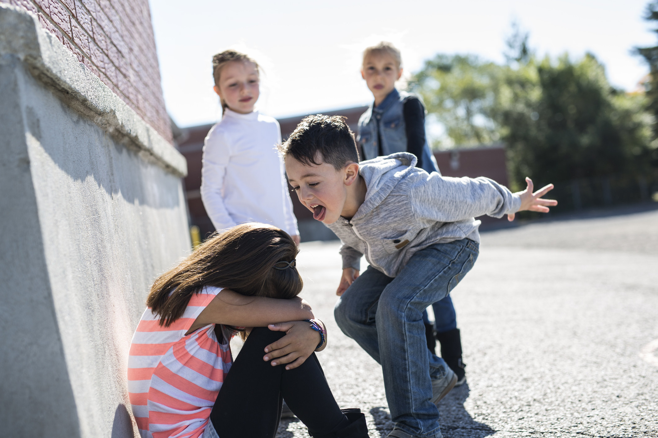 Young girl getting bullied by a boy at school